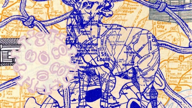 Norman Akers (Osage Nation), Colliding Maps, 2022. Monoprint, 10” x 8”.