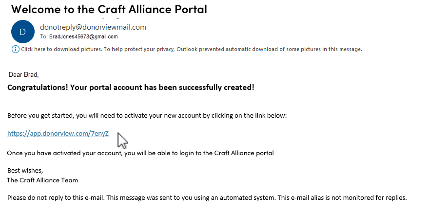 donorview portal confirmation email example image